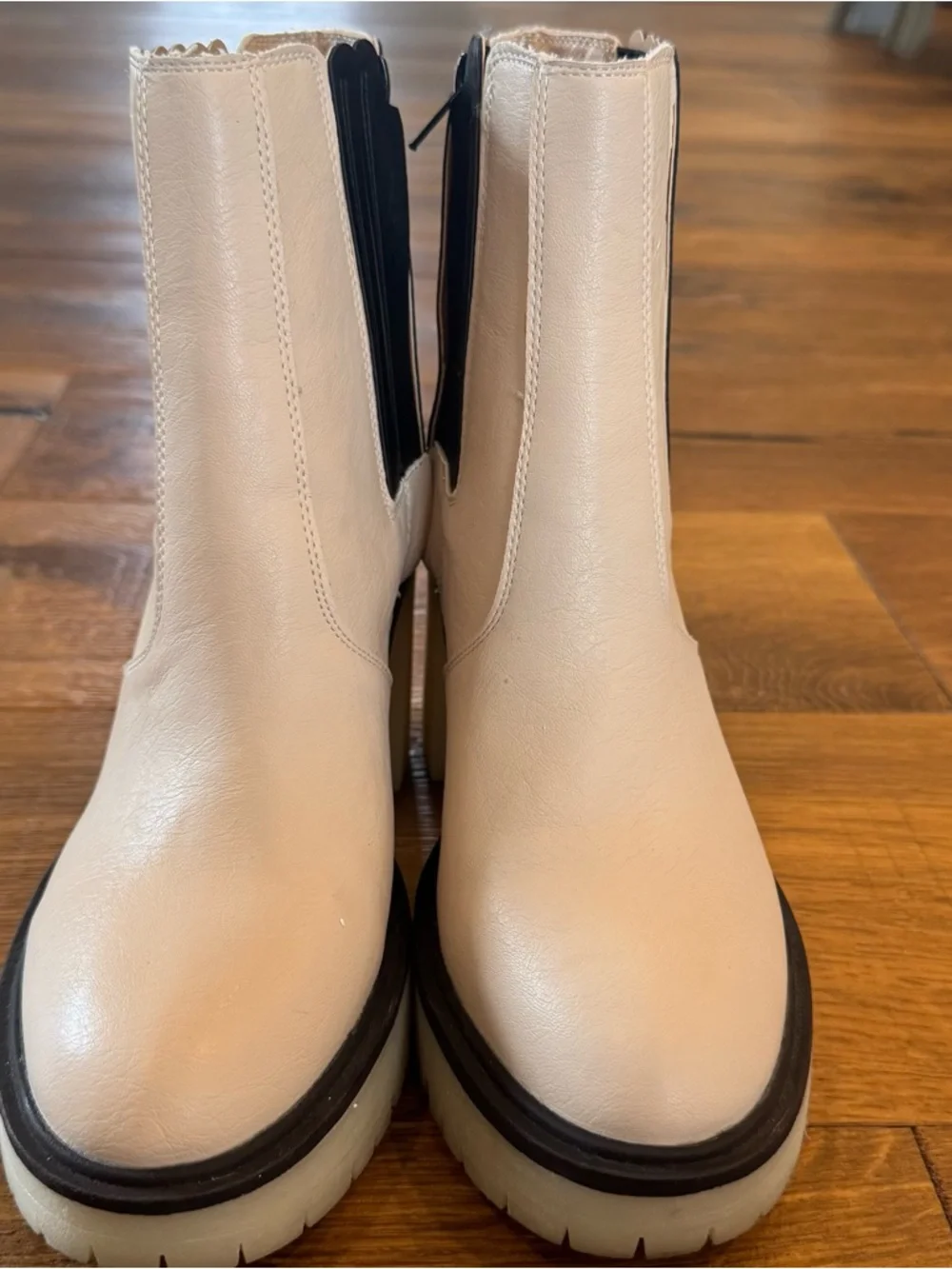 Cream Chelsea Heeled Ankle Boots with Black Elastic Panels - Picture 3 of 13